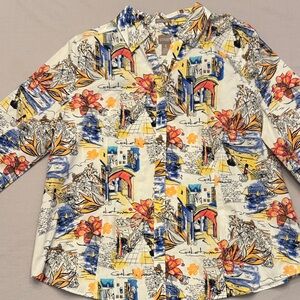 Chico's Vibrant Artistic  - Blue, Yellow, Orange wrinkle resistant travel Blouse